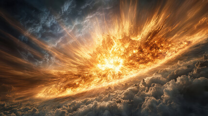 Obraz premium powerful solar flare erupts from sun, illuminating clouds below