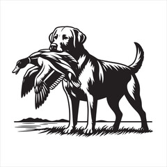 vector Labrador retriever/ Brittany Spaniel dog standing and holding a duck in its mouth