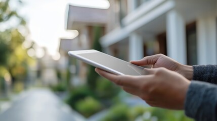 Person Holding Tablet Device in Outdoor Residential Area
