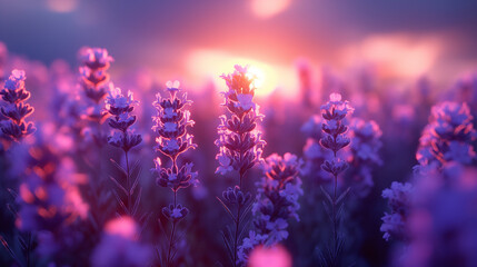Fototapeta premium Lavender flowers in full bloom, glowing in rich violet colors under a beautiful sunset.