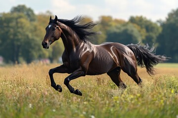 Obraz premium Majestic brown horse galloping freely through a sunlit meadow filled with wildflowers during a warm afternoon