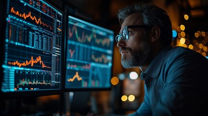 Professional Analyst Working Late at Night with Financial Charts and Data