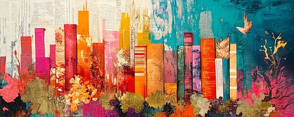 Abstract collage featuring books, words, and artistic representations of literary adventures, symbolizing the joy of reading, discovery, and intellectual thirst, bright hues