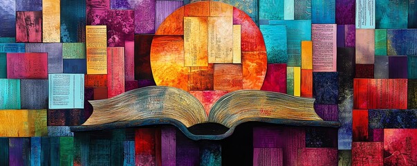 Abstract collage featuring books, words, and artistic representations of literary adventures, symbolizing the joy of reading, discovery, and intellectual thirst, bright hues