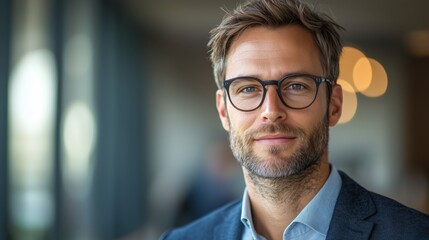Obraz premium Confident Businessman with Glasses in Modern Office Space