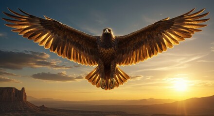 Majestic golden eagle soaring over a vast desert landscape at sunset, showcasing nature's beauty -  mexican eagle