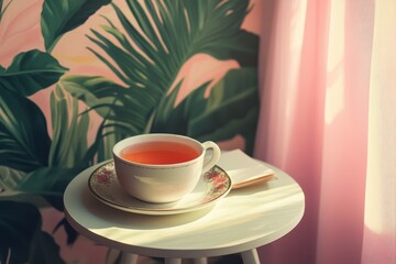 Warm cup of tea resting on a cozy table near a window with soft natural light during a peaceful afternoon