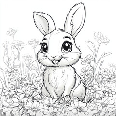 smiling cartoon rabbit sitting in field of flowers, surrounded by vibrant blooms, exuding cheerful and playful vibe