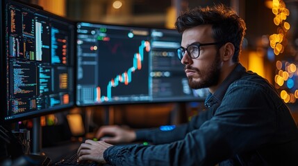 Focused Programmer Analyzing Data on Multiple Computer Screens