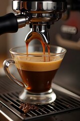 Fresh espresso brewing in glass cup with coffee beans on drip tray