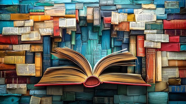 Art style collage of books, pages, and literary symbols, reflecting the joy of reading and knowledge, vibrant colors, imaginative design, deep contrast, surreal elements