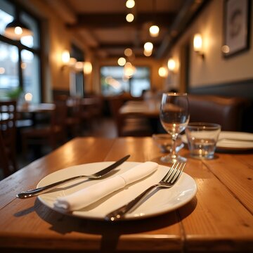 Cozy restaurant interior with wooden table and elegant table setting