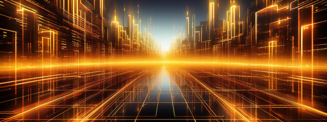 Obraz premium Cyberpunk Neon Grid Texture with Fiery Gold and Orange Glow