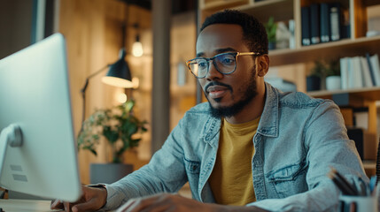 Obraz premium Focused african american man working on computer in modern office space desk denim light casual