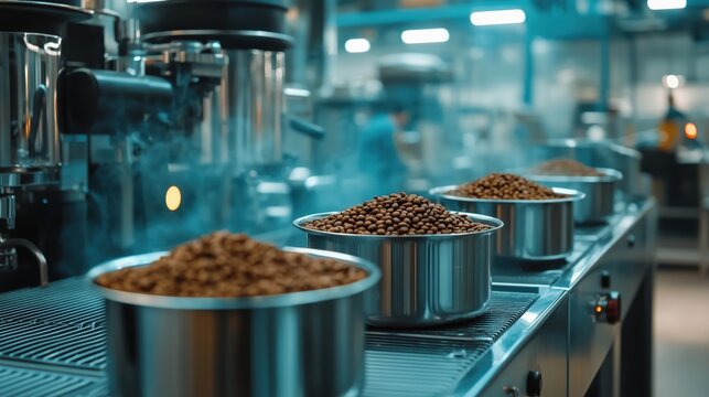 Industrial Kitchen Preparation with Bowls of Ingredients on Counter in Modern Food Processing Facility