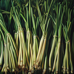 Fototapeta premium Fresh green onions growing in the garden and displayed in the market surrounded by nature, bamboo, and lush greenery in a tropical setting during spring