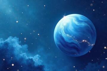 Fototapeta premium Celestial Orb A Serene Vision of a Sapphire Planet Adorned with Glimmering Trails Amidst a Cosmic Nebula