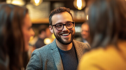Fototapeta premium Happy man smiling in casual gray blazer jacket at social gathering beard event people joyful glasses