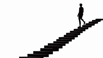 The image is a minimalist graphic depicting a black silhouette of a person walking up a long staircase that extends diagonally across a white background.  The staircase and the figure are rendered