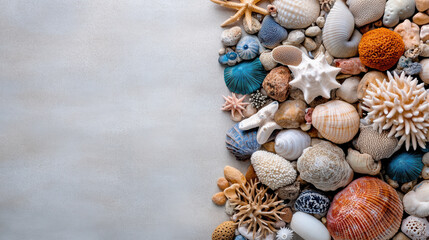 Colorful seashells and coral arranged on sandy background