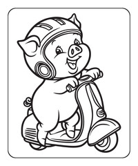 Naklejka premium Pig coloring page for kids, pig enjoying with scooter illustration on white background