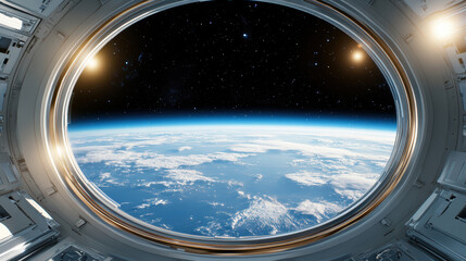 stunning view from inside space station, showcasing Earth and stars