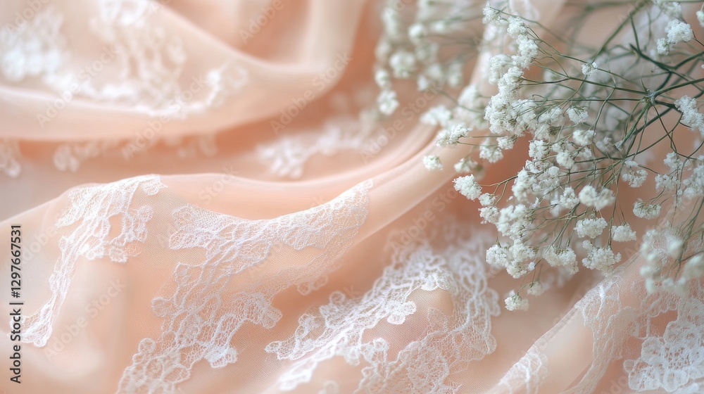 Poster delicate beige lace fabric draped elegantly on a textured background showcasing intricate floral pat