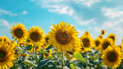 Obraz premium Vibrant yellow sunflowers blooming in a sunny field under a beautiful blue sky happy rural green