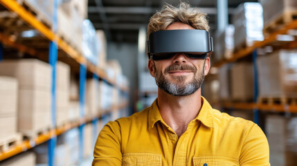 warehouse manager using augmented reality glasses to check stock levels