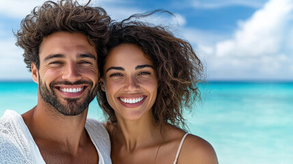 Obraz premium Young couple smiling at beach, enjoying sunny holiday together