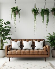 Modern minimalist living room featuring a brown leather mid-century sofa, white cushions, hanging green plants, and a clean white wall with black ceiling details, creating a stylish and serene atmosph