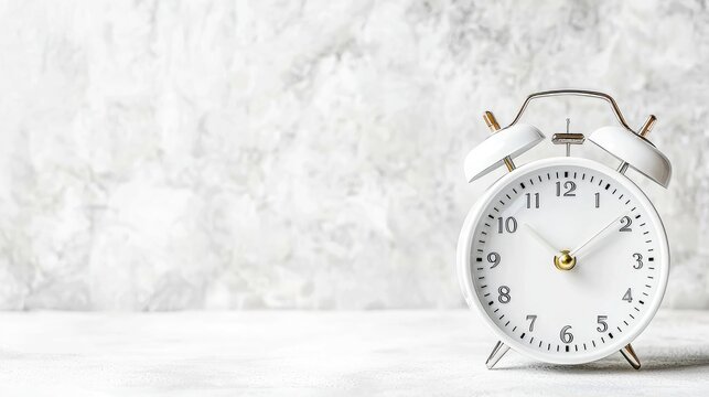 White alarm clock on table, textured background.  Time management concept