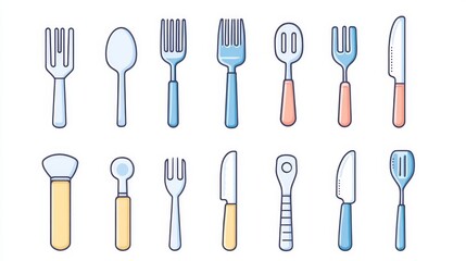 15.A collection of editable line art icons representing various dining utensils, drawn in a modern, flat style with balanced proportions and clear detail, designed for versatile use.