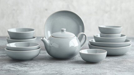 12.A collection of grey ceramic crockery, including a teapot, bowls, and dinner plates, on a concrete surface with complementary hues, under soft natural light that accentuates their forms.