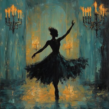 A hauntingly beautiful impasto oil painting of a lone ballet dancer Silhouette of a dancer in a dim room