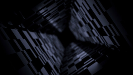 Dark Black Cubic Sci-Fi Tunnel Geometric Abstract Design with Depth and Glowing Effect in 3D