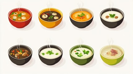 90.A detailed vector icon set featuring bowls of steaming soup, designed with clean lines, soft gradients, and decorative garnishes, arranged neatly on a plain white background.