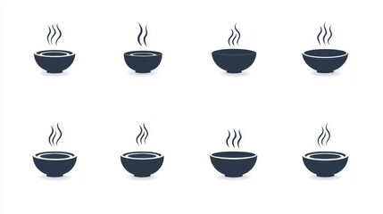 75.A detailed vector icon set of soup bowls, including circular and rectangular shapes, with elegant steam lines rising above the bowls, designed in a minimalist flat style against a white backdrop.