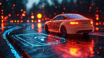 Automobile with gaps tracking pulsing signal. A vehicle transmitting  signal. Searching car location with gaps tracker, 3d render, 8k image