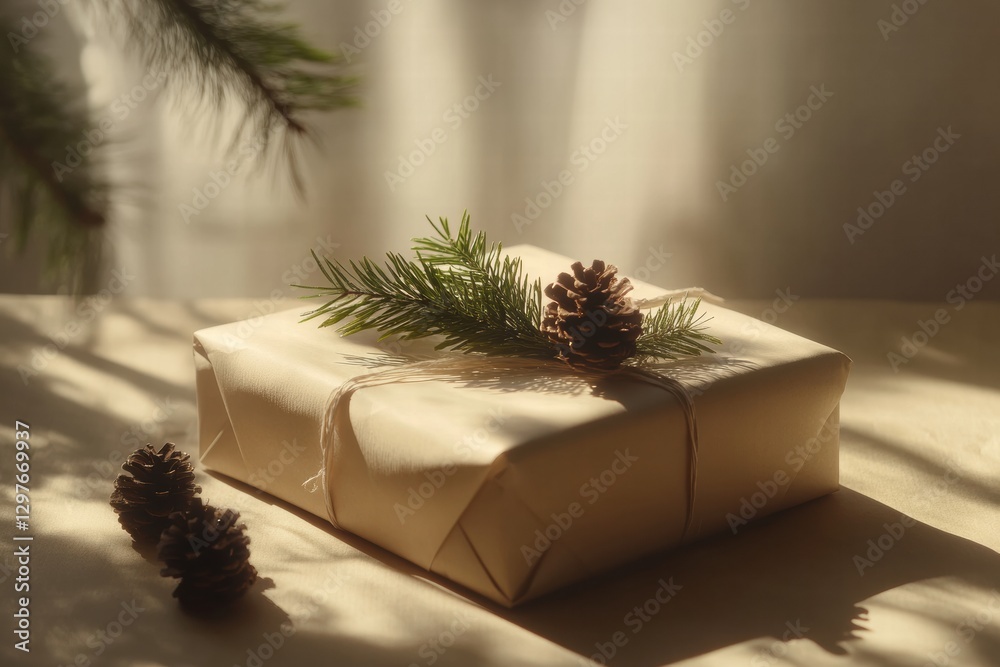 Aufkleber Thoughtfully wrapped gift with pinecones and greenery resting on a simple surface in soft natural light. Generative AI
