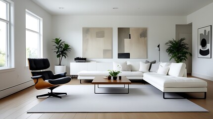 Modern minimalist living room with a sleek white sofa, black armchair, abstract wall art, large windows, and natural wood flooring, creating a stylish and sophisticated interior design

