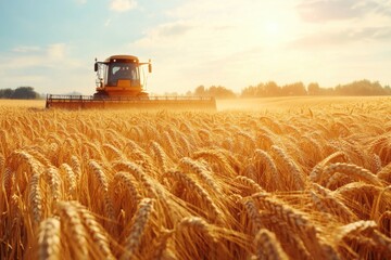 Obraz premium A large yellow tractor is driving through a field of golden wheat