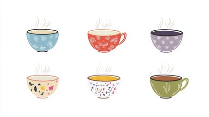 76.A graphic illustration of a variety of soup bowls, each uniquely styled with different steam patterns and subtle decorative details, arranged symmetrically on a white background.