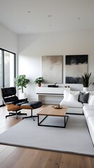Modern minimalist living room with a sleek white sofa, black armchair, abstract wall art, large windows, and natural wood flooring, creating a stylish and sophisticated interior design

