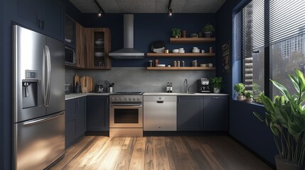 An enchanting dark blue kitchen bathes in natural light, featuring warm light brown wooden floors laid diagonally. Each plank adds elegance to the serene space, inviting you into a cozy culinary haven