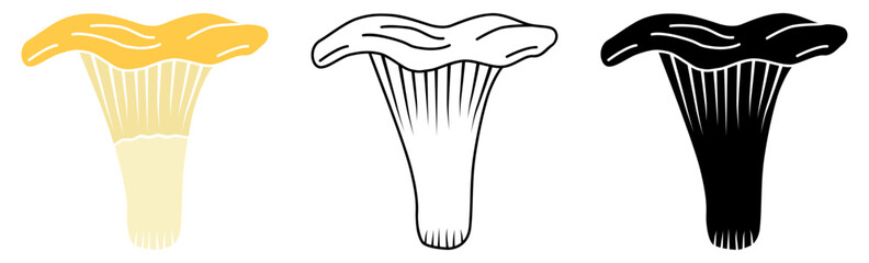 Chanterelle Mushroom in colors, silhouette and line art SVG Icons 