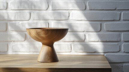 2.A minimalist wooden pedestal with a natural grain finish, placed on a rustic kitchen table made of polished oak, with a clean white brick wall as the background, soft natural light creating gentle