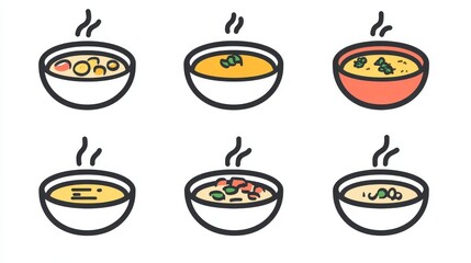 88.A modern vector set of soup bowl icons, including circular and square bowls with clean outlines, subtle shading, and minimalistic details like steam rising from the soups, displayed on a white