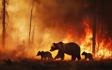 Grizzly Bear Family Walking Through Fiery Forest Landscape at Sunset