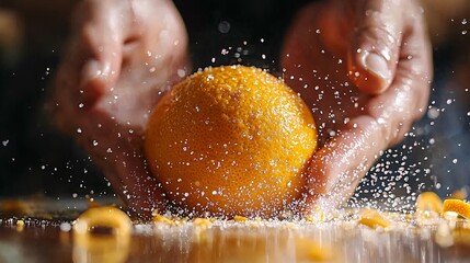 Fototapeta premium An orange fruit being sprinkled with a granular material in hands